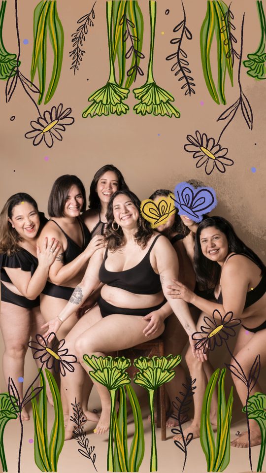 Seven women in black underwear laughing together around a wooden stool, framed by hand-drawn flowers