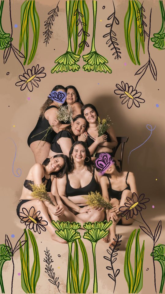 A group of women hugging and holding dried flowers, framed by hand-drawn flowers