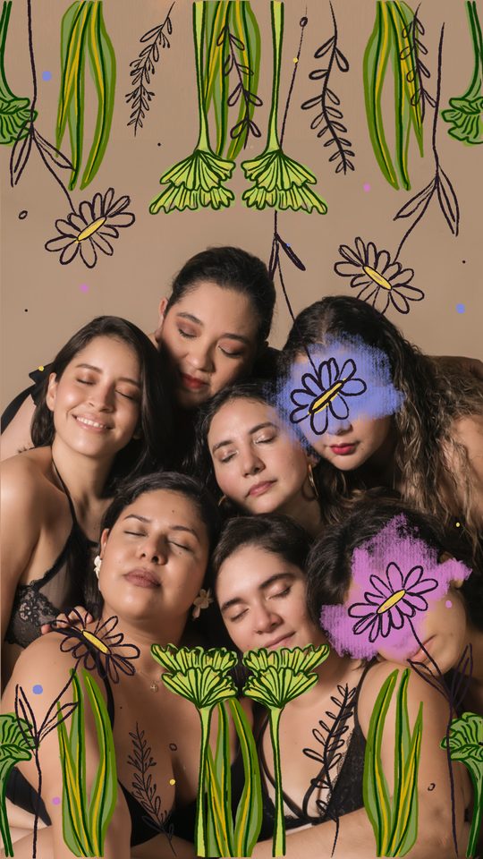 Women resting their heads together with eyes closed, framed by hand-drawn flowers