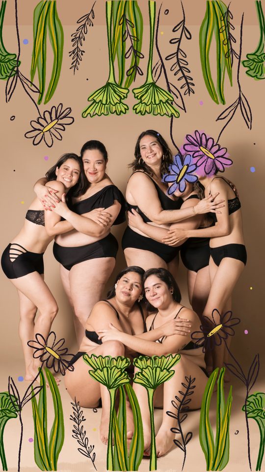 Women hugging each other in pairs, framed by hand-drawn flowers